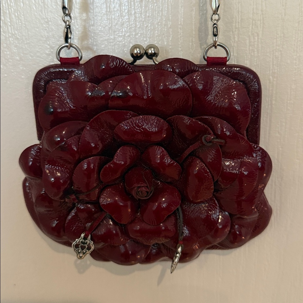 Brighton Red Leather Mini Bag Kiss Lock Floral Rosette Chain Strap Evening Purse